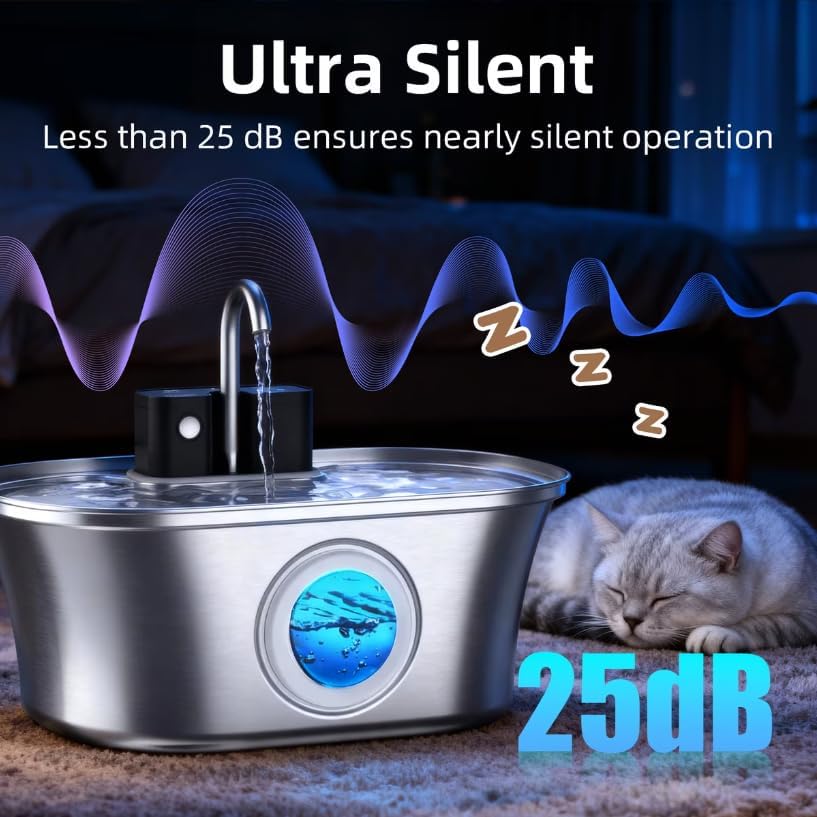 Casfuy PWL-300 Wireless Smart Quiet Stainless Steel Cat Water Fountain, 108-oz