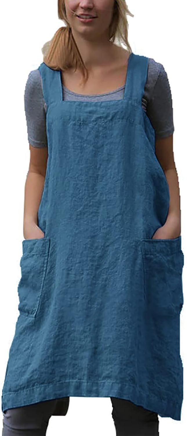Japanese Pinafore Apron Smock Cotton Apron with Pockets Plus Size Aprons for Women