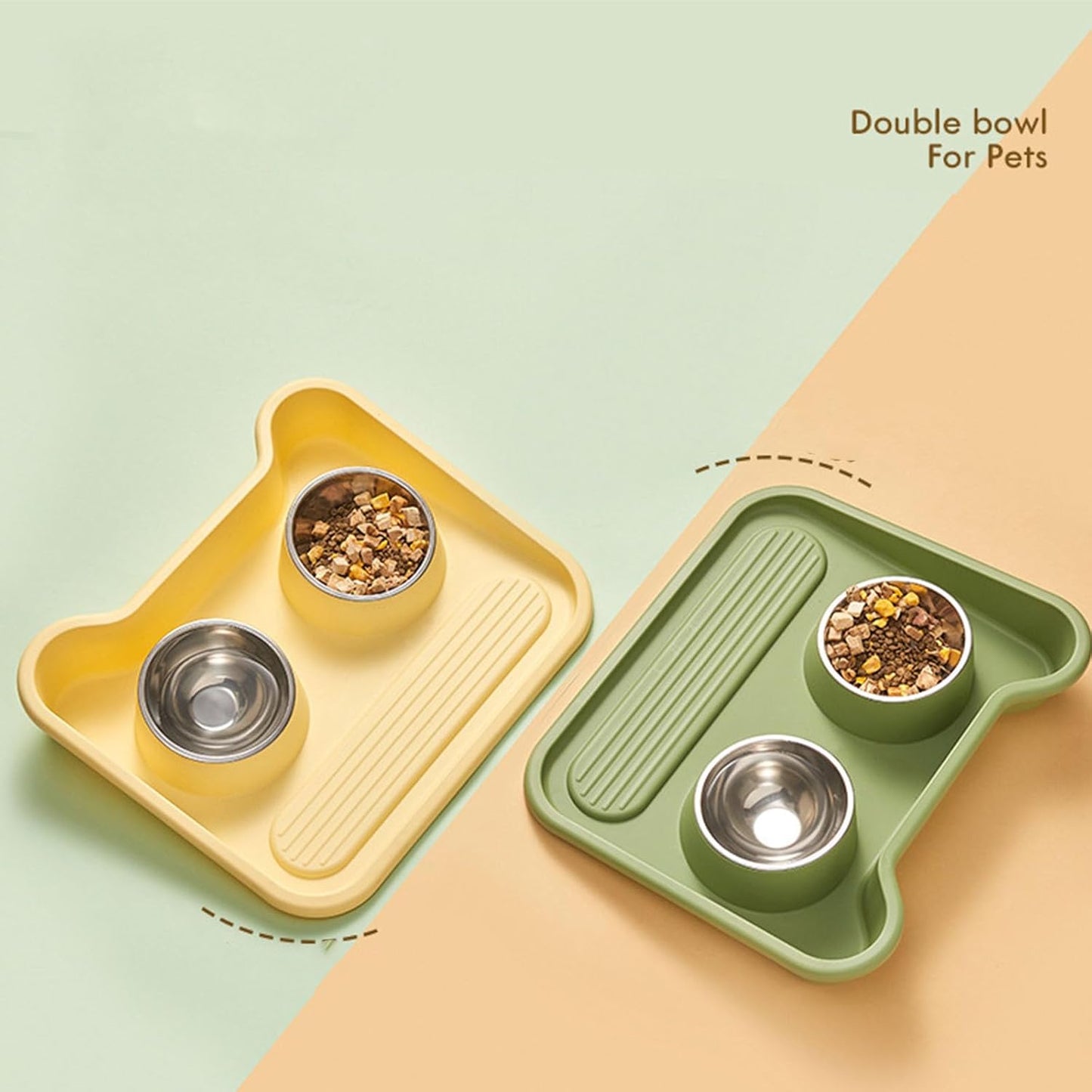 Double Cat Bowls, Raised Food Feeder for Cats and Dogs, Pet Food Container for Small Puppy, Flat Basic Spill Proof Cat Water Bowls (Grey)