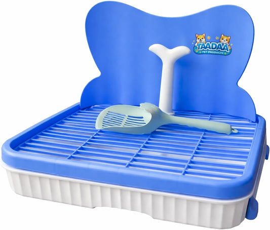 Dog Potty Training Tray with Splash Guard, Reusable Puppy Toilet with 10 Pee Pads, Removable Grid & Scoop, Leakproof Indoor Pee Pad Holder for Small & Medium Dogs (Blue)