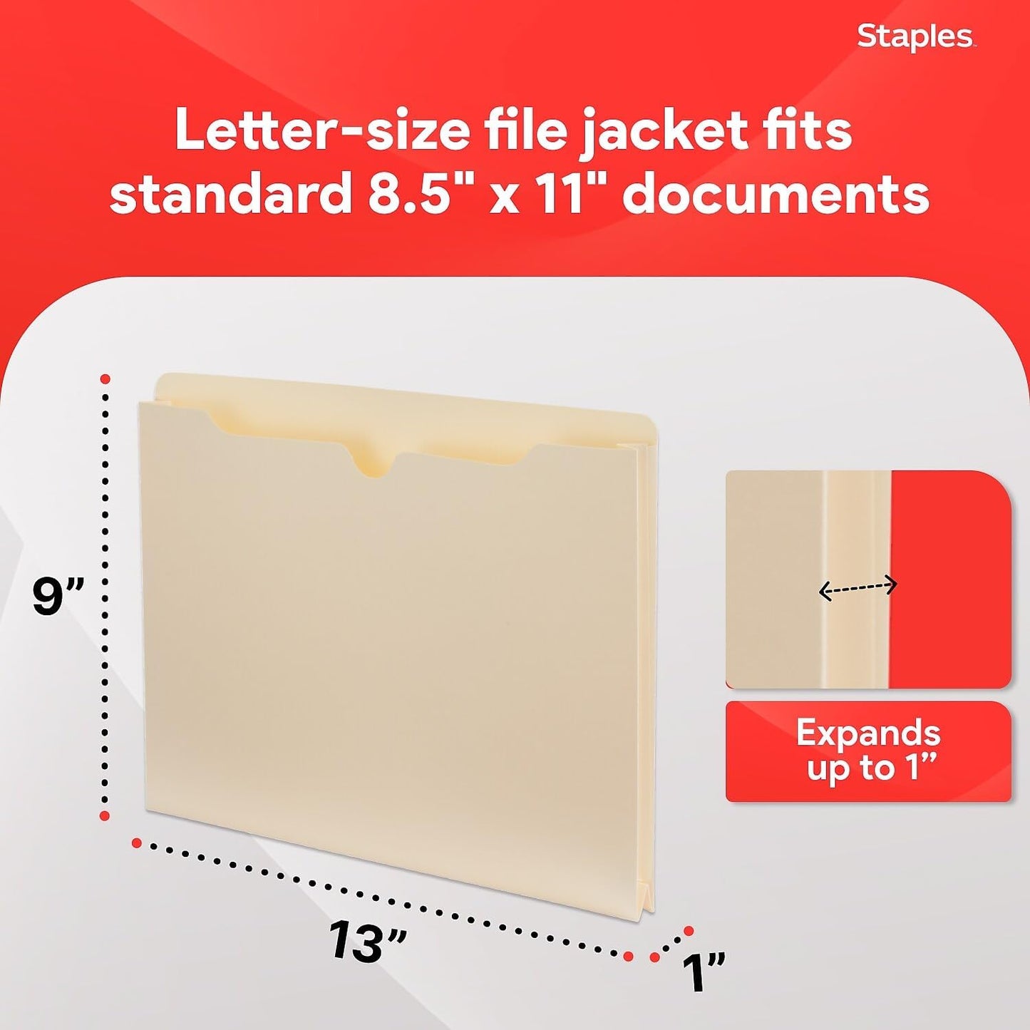 Staples File Jackets, Letter Size, 1‑Inch Expansion, Reinforced Manila Pocket Folders for Filing & Organization – 50/Pack