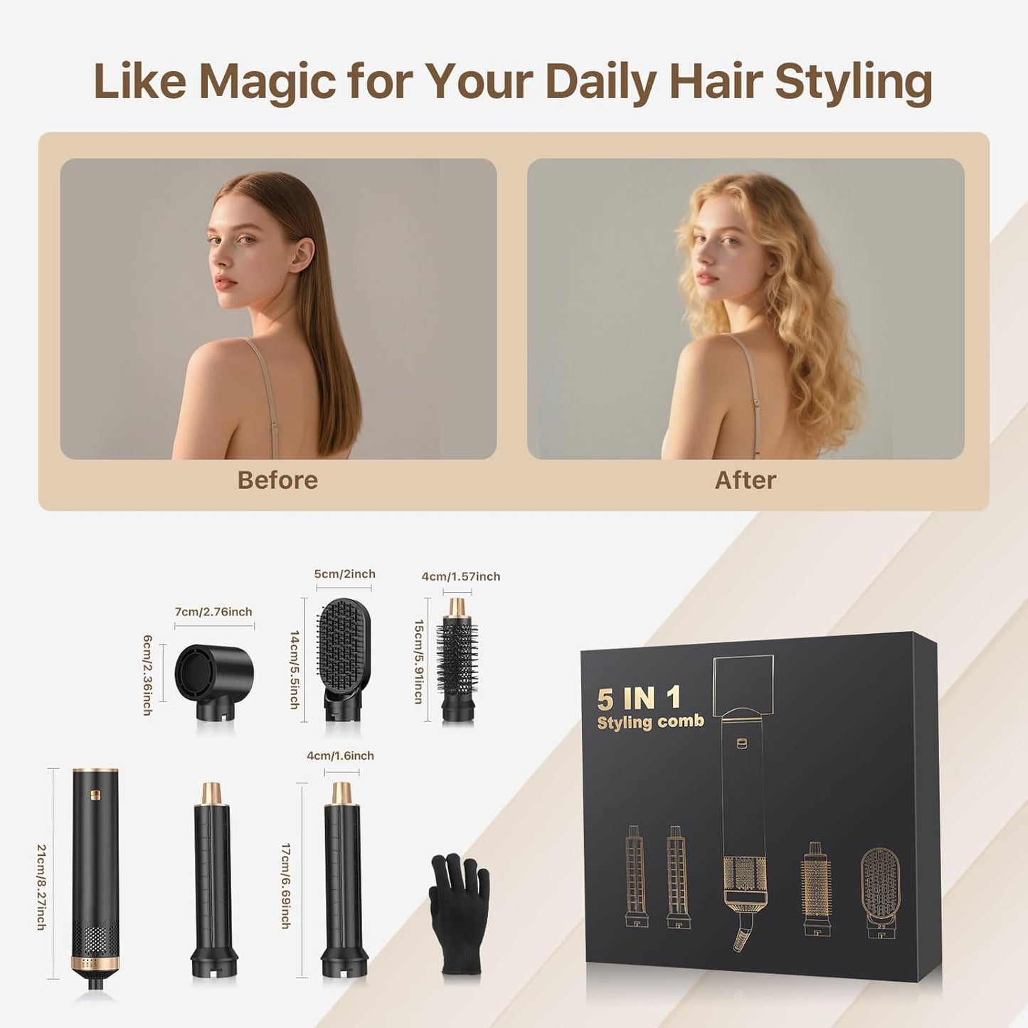 Sendowtek Hot Air Styler Brush Set for Women 5 in 1, 800W 3 Level Temp Hairdryer Comb for Rotating Curling Straightening Volumize Auto Wrap Curler Multi-Styler Hair Styling Tools for Multi Hair Home
