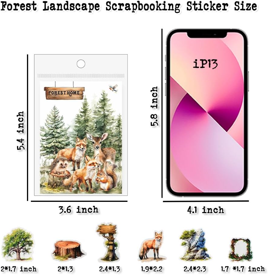 Dwpetzo 150Pcs PET Forest Landscape Stickers for Journaling and Scrapbooking, 6 Themes with Pine Trees Woodland Animals Wooden Stumps Moss Nature Scene Stickers for Junk Journal Supplies, Collage