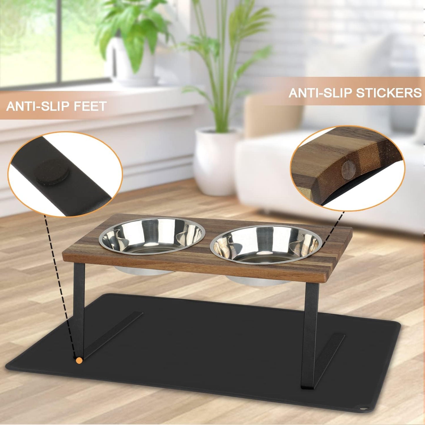 Aivituvin Elevated Dog Bowls, 15°Tilted Raised Cat Food Bowl, Walnut Wood Water Stand Feeder Set for Cats and Puppy, Pet Bowls with Anti Slip Mat(Medium)
