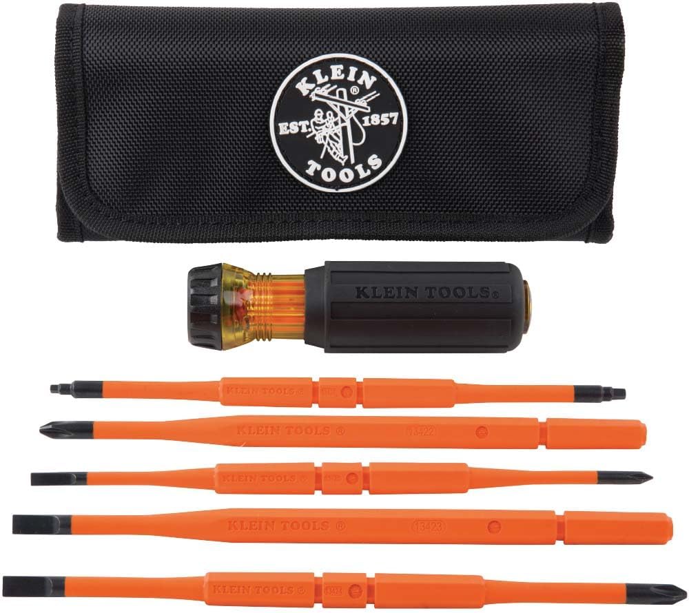 Klein Tools 32288 Insulated Screwdriver, 8-in-1 Screwdriver Set with Interchangeable Blades, 3 Phillips, 3 Slotted and 2 Square Tips