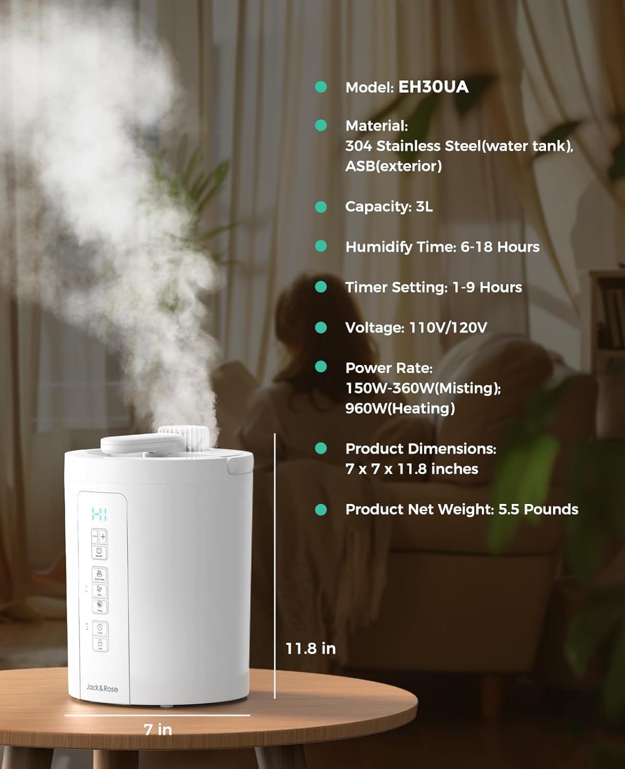 3L Stainless Steel Humidifier for Bedroom, Warm Mist Humidifiers Easy Clean, Steam Humidifier for Living Room, Whisper-Quiet and Filterless, with Sleep Mode and Timer, Auto-off Setting