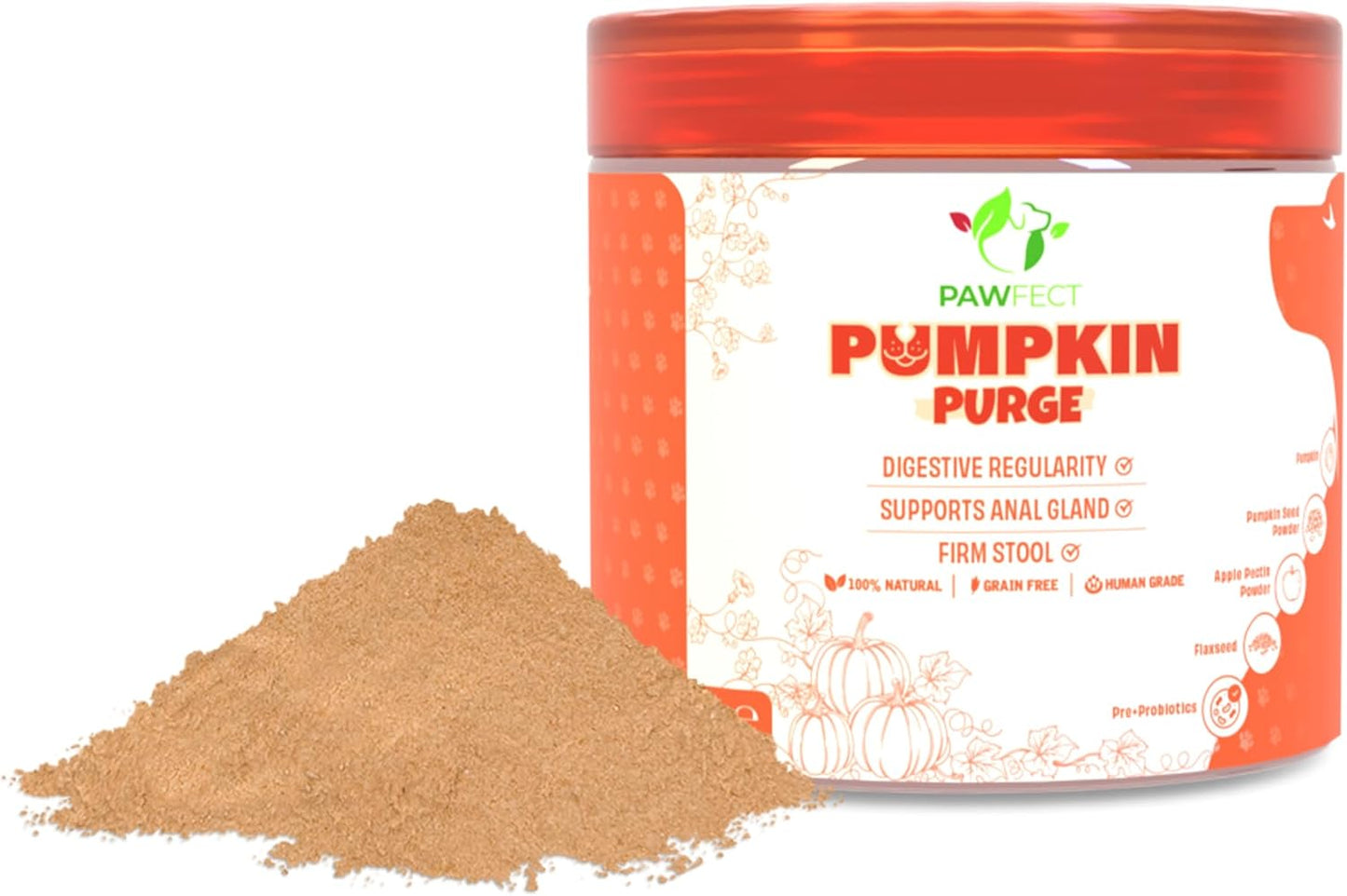 Pawfect Pumpkin Purge Dog Food Toppers for Digestion Gut Health Firm Stool and Anal Gland Support with Pumpkin Apple Pectin Flaxseed Pre and Probiotics (250g/8.8oz)