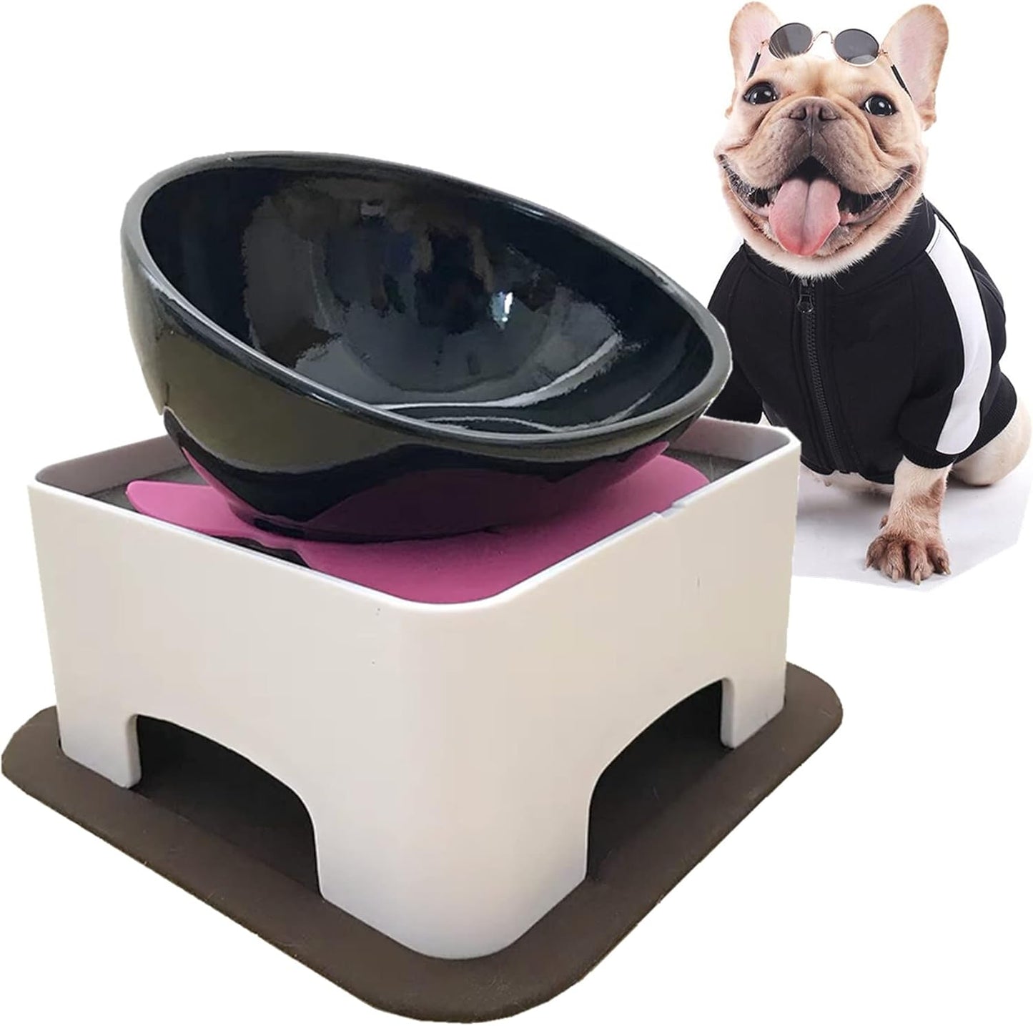 Bulldog Bowl Ceramic Dog Food Bowl-Replacement Bowl（Only Bowl, no Stand -1.5 Cup (Black)