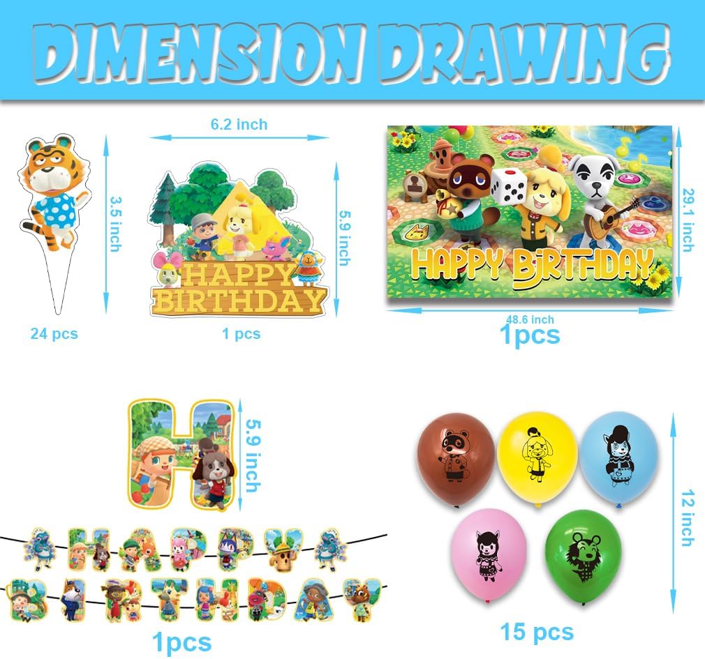 42pcs Animal-Crossing Birthday Party Supplies Pack Includes，Banner，Cake Topper，Blackdrop,Balloons for party supplies