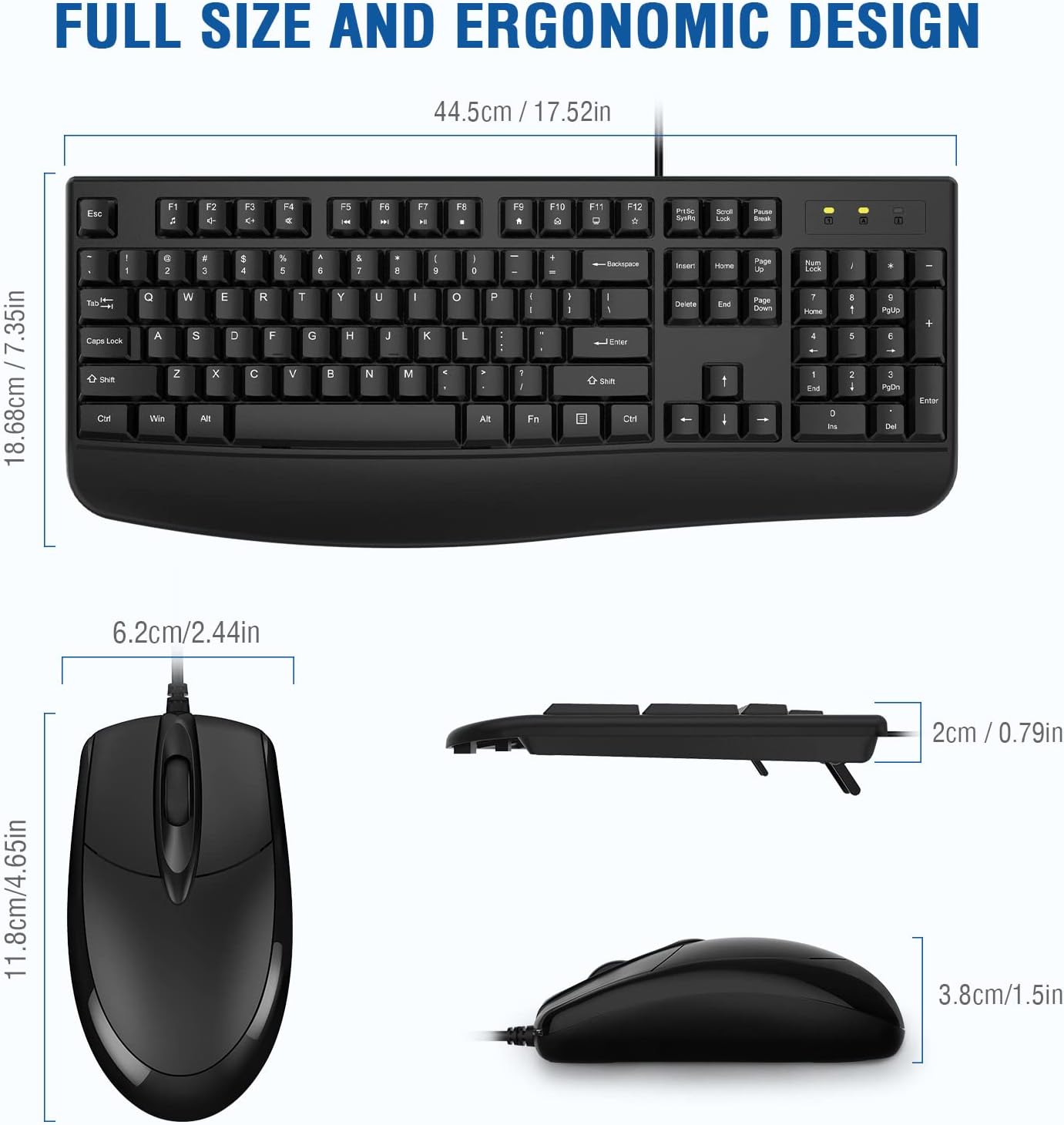 Wired Keyboard and Mouse Combo, EDJO Full-Sized Ergonomic Computer Keyboard with Palm Rest and Optical Wired Mouse for Windows, Mac OS Desktop/Laptop/PC