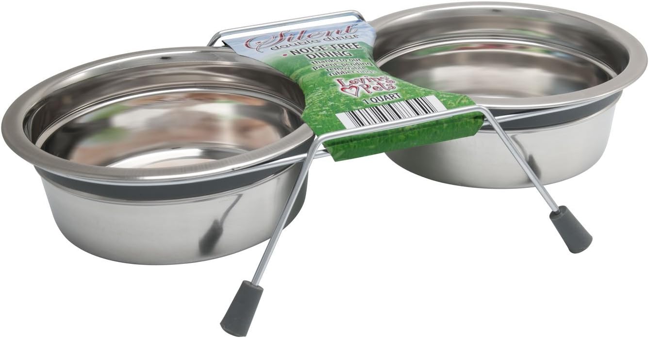 Loving Pets Silent Double Diner Pet Bowl, 1/2-Pint, Grey