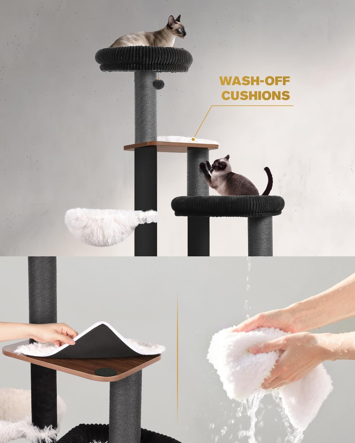 63" Modern Cat Tree Tower for Indoor Cats, Heavy Duty Cat Trees for Large Cat, Adult Maine Coon Cat Tree Tower with Scratching Post, Extra Large Top Perch, Cat Condos, Jet Black