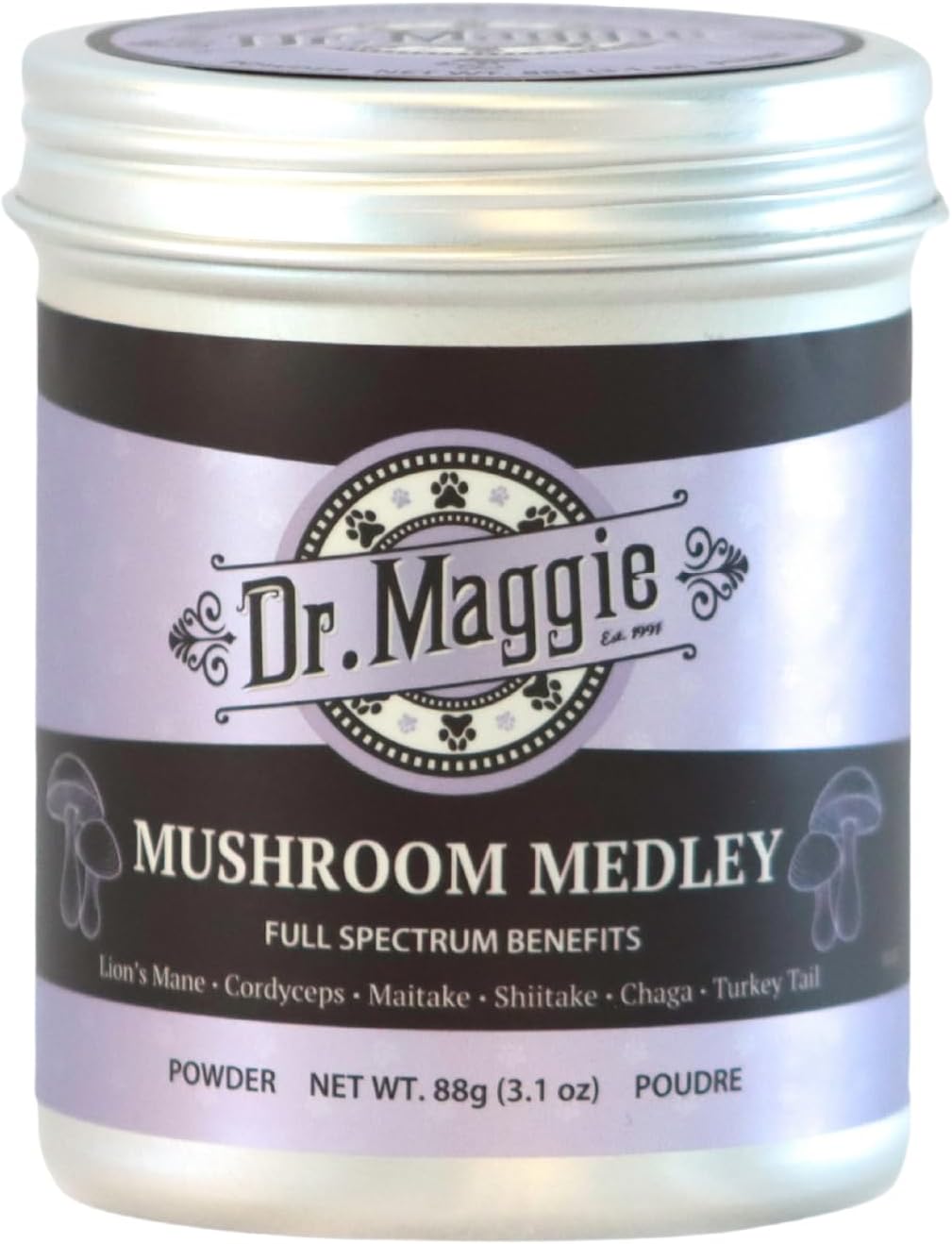 Dr. Maggie Mushroom Medley | Organic Mushroom Powder with Cordyceps Maitake Shiitake Chaga Turkey Tail and Lions Mane for Dogs and Cats | 88g
