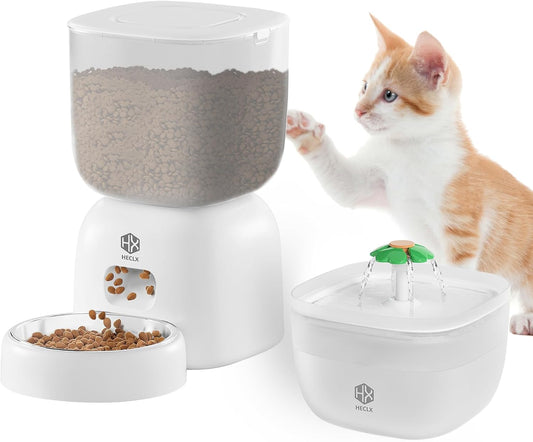 Automatic Cat Feeder with 3L Dry Cat Food Dispenser and 2L Water Fountain, Timed Dog Feeder with Portion Control and Daily Meals, Wire/Battery Automatic Feeders in White