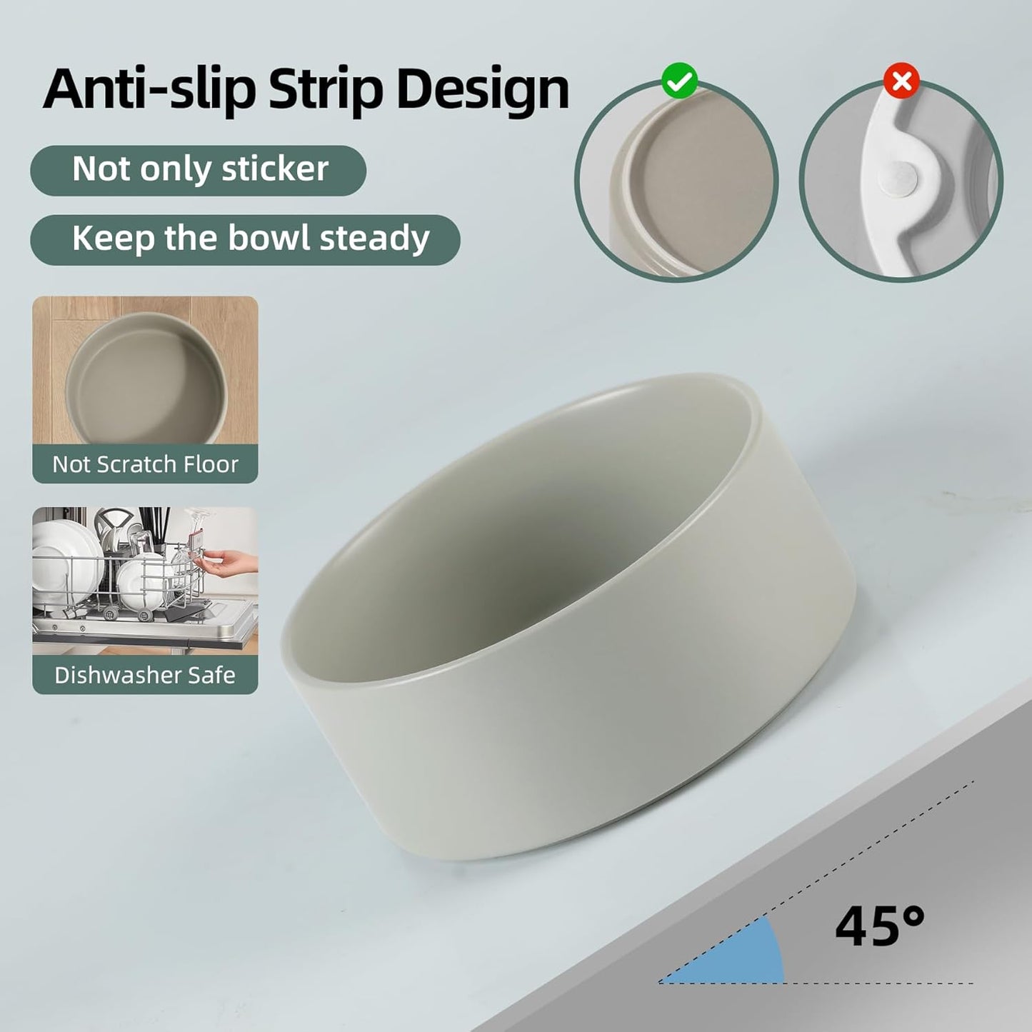 Ceramic 8.2inch Raised Dog Bowl Set, Elevated Feeder with Stand, Food and Water Bowl for Large Breed Dogs, Weighted Pet Dish(60oz, Grey)