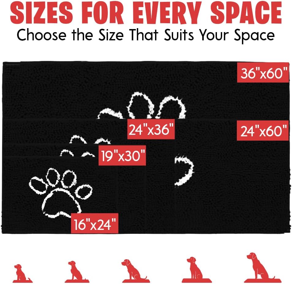 MUDGUARD MAT™ Dog Door Mat with Paw Design for Muddy Paws, Super Absorbent Microfiber, Non-Slip Indoor Mat, Quick-Dry Chenille Rug for Pets & Entryway, Machine Washable, Black 16" x 24"