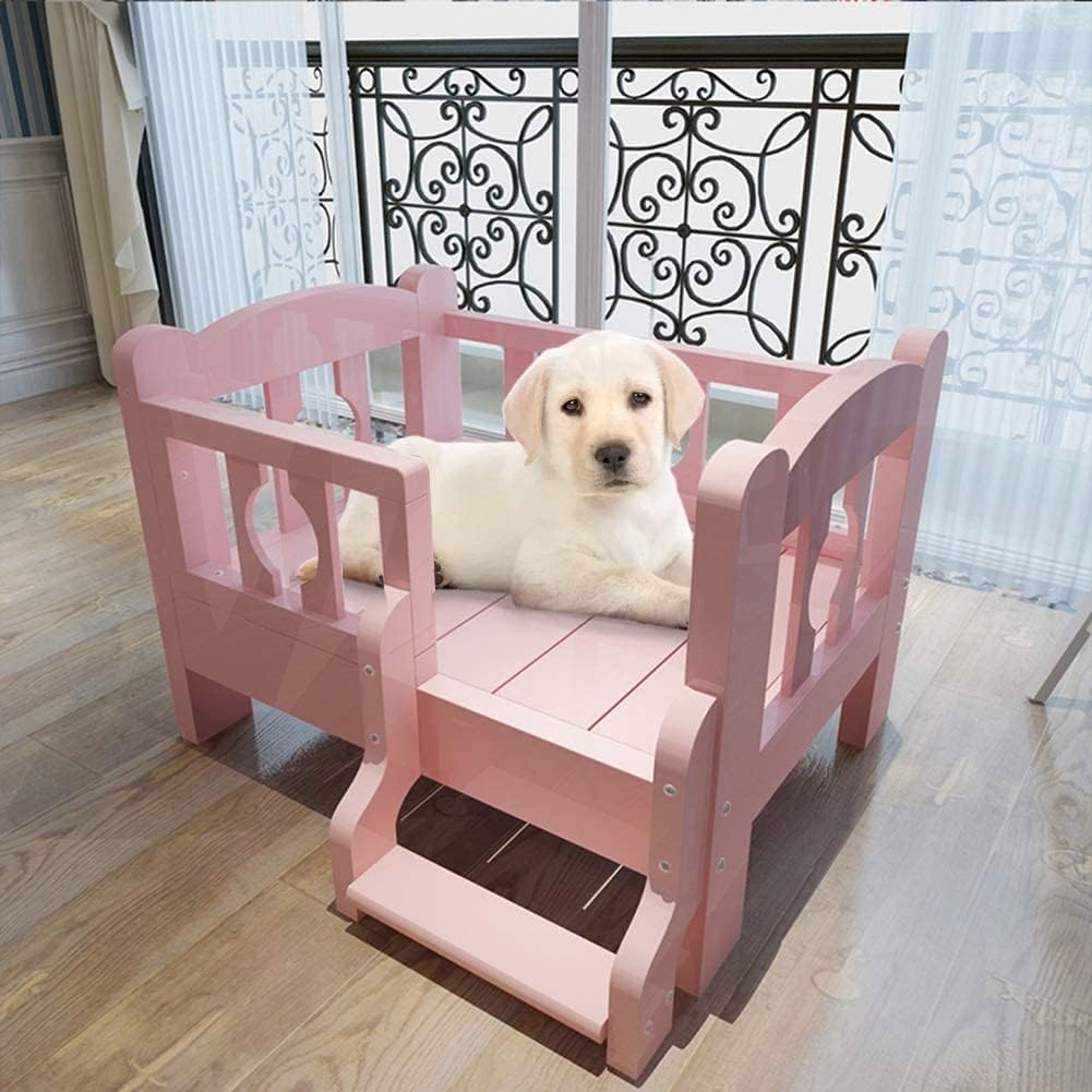 Dog Bed Dog Bed Wooden Dog Cat Bed Pink Pet Bed Bed with Guardrail and Elevated Stairs Pets Lounge Steps for Large Medium Small Pets for Dogs Pet Cat (A 80×60×44cm)