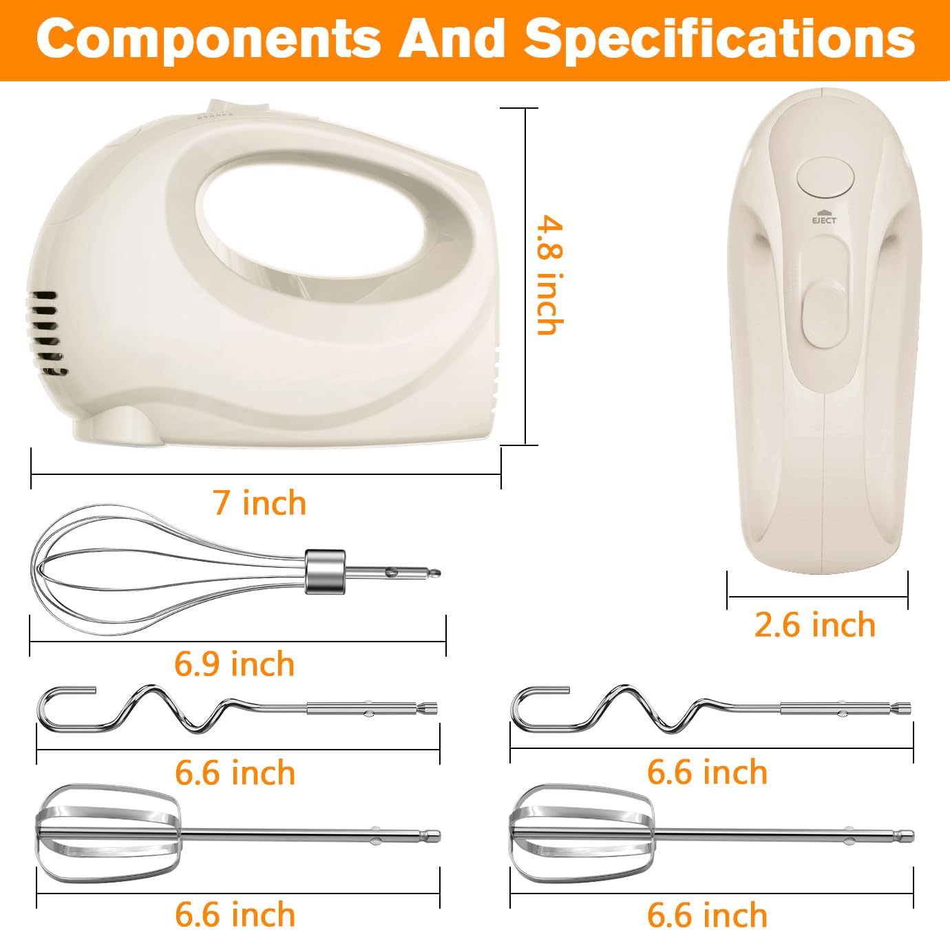 Handmixer Electric Handheld - 5 Speed Portable Kitchen Mixer Electric with 5 Stainless Steel Accessories Whisk, Food Beater for Whipping Mixing Cookies(Ivory)