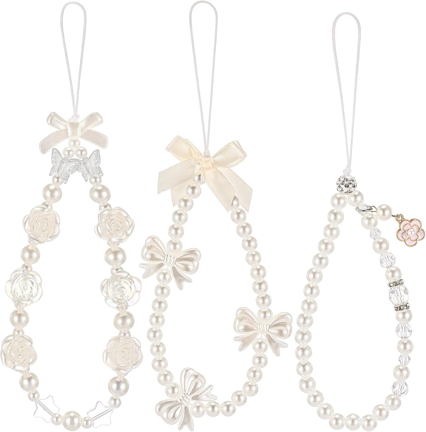Ecally 3 Pcs Phone Charms Strap Camera Charm Strap Pearl Beaded Butterfly Bow Flower Cute Phone Wrist Lanyard Bracelet for Camera Keychain Wallet Decor Easter Gifts