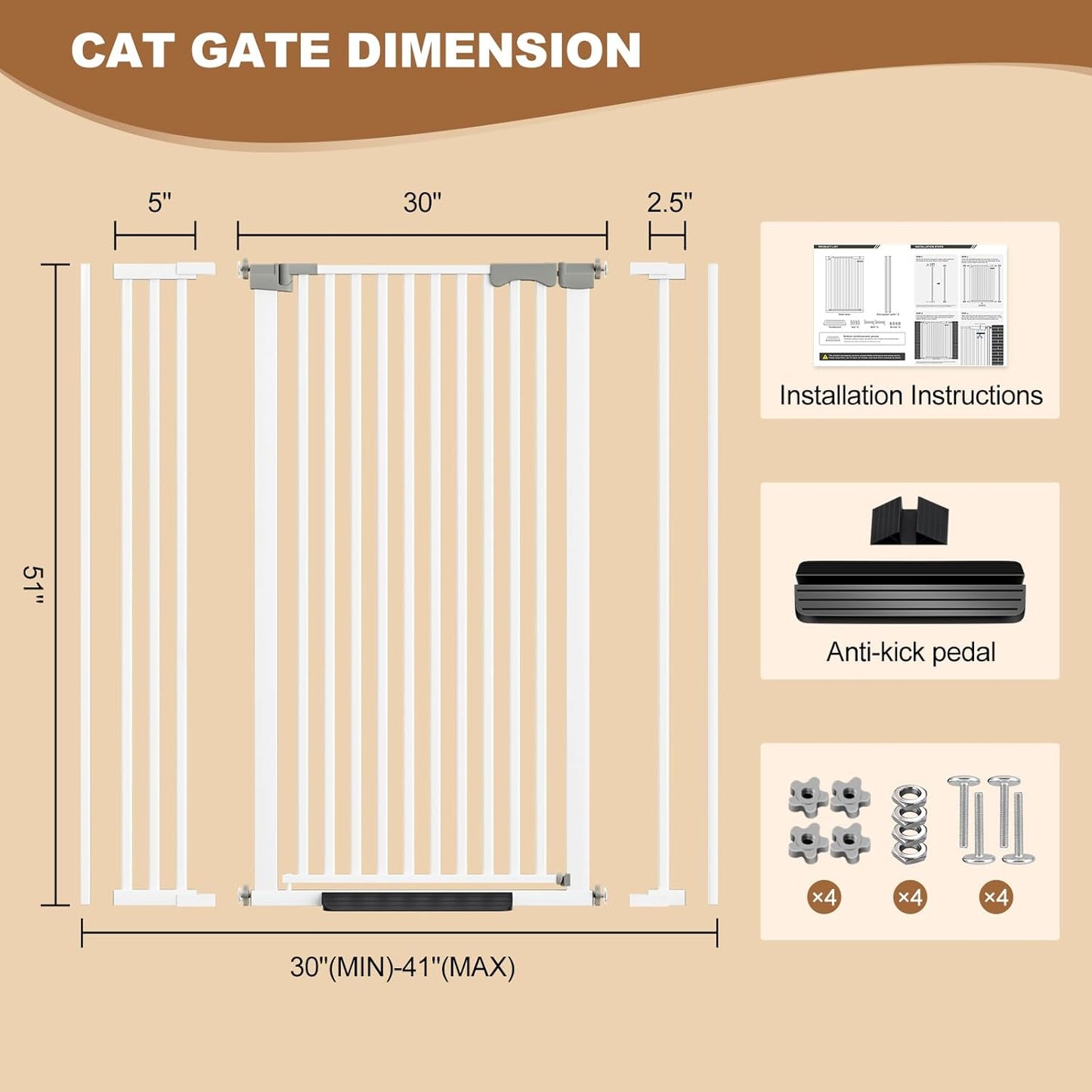 51" Extra Tall Cat Gate for Doorway, 30-41" Wide Auto Close Pet Gate with Extension Kits, No Drilling Pressure Mounted Dog Gate for Stairs, Doorways, Kitchen, Hallway