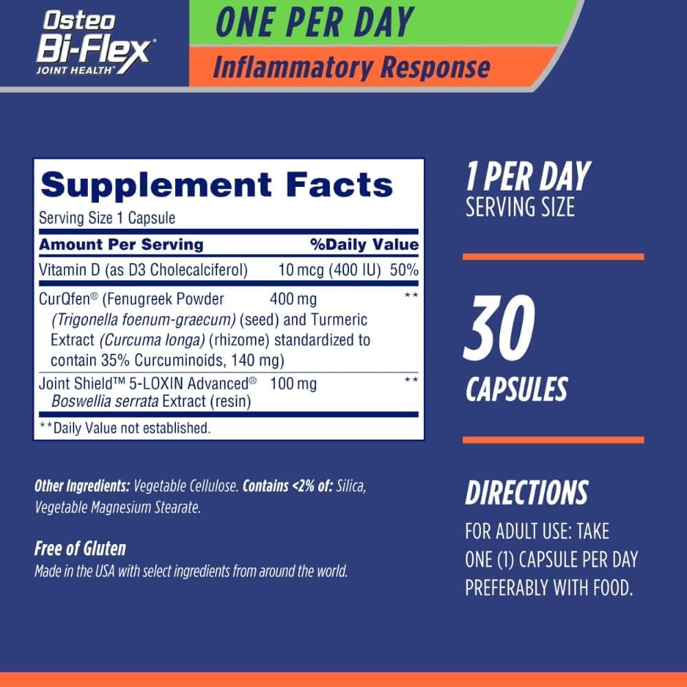 Osteo Bi-Flex One Per Day Inflammatory Response CurQfen Plant-Based Supplement, Improve Joint Function, Strength, Flexibility, Mobility 30 Capsules