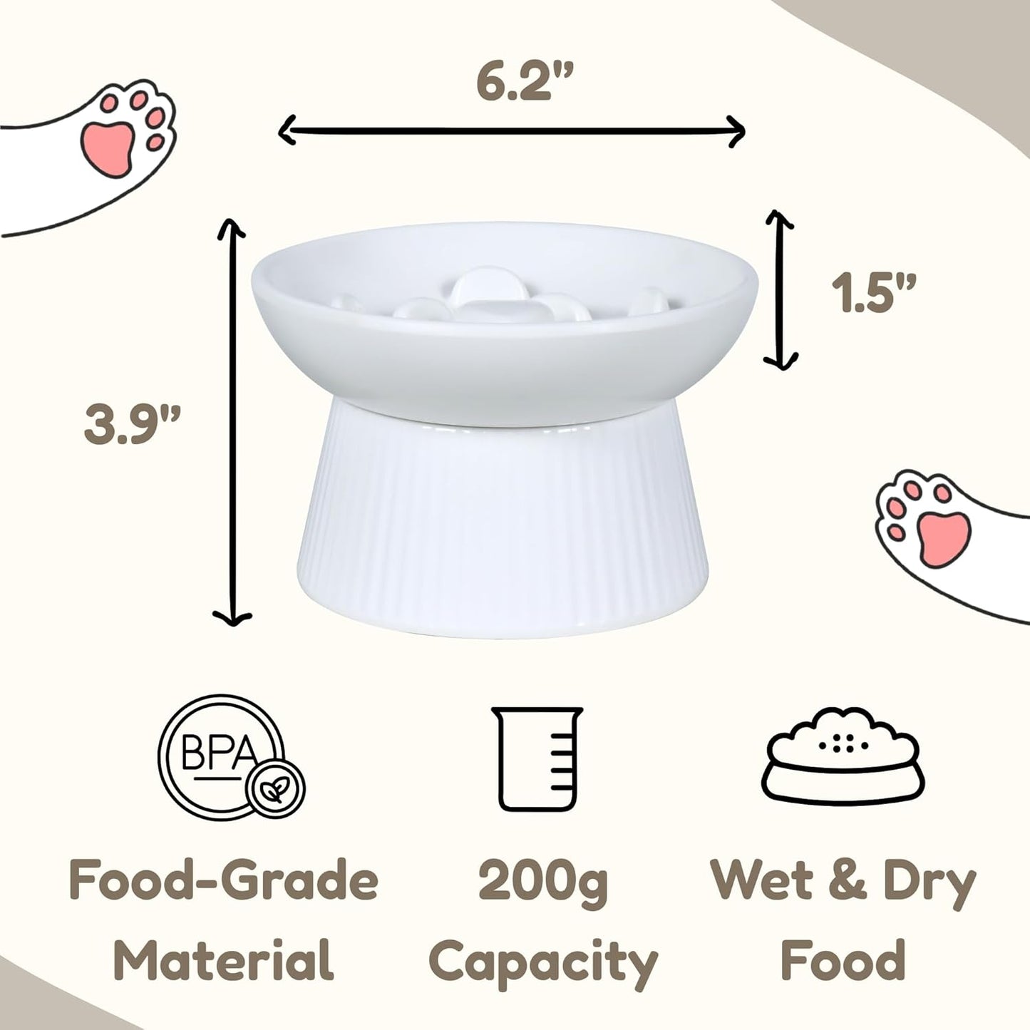 Unbreakable Raised Slow Feeder Bowl for Cats and Small Dogs, Elevated Cat Bowls, Detachable Slow Feede Bowl, Heavy Weighted, Non-Slip Feeder, Dry & Wet Food, Whisker Friendly Flat Plates (White