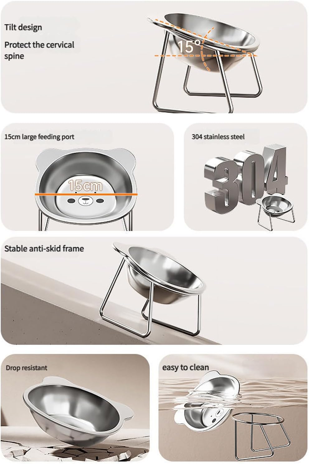 Elevated Cats Bowl, Beard Friendly, Raised Food Stainless Steel Pet Food with Metal Stand for Small Dog Stainless Steel Raised with Stand