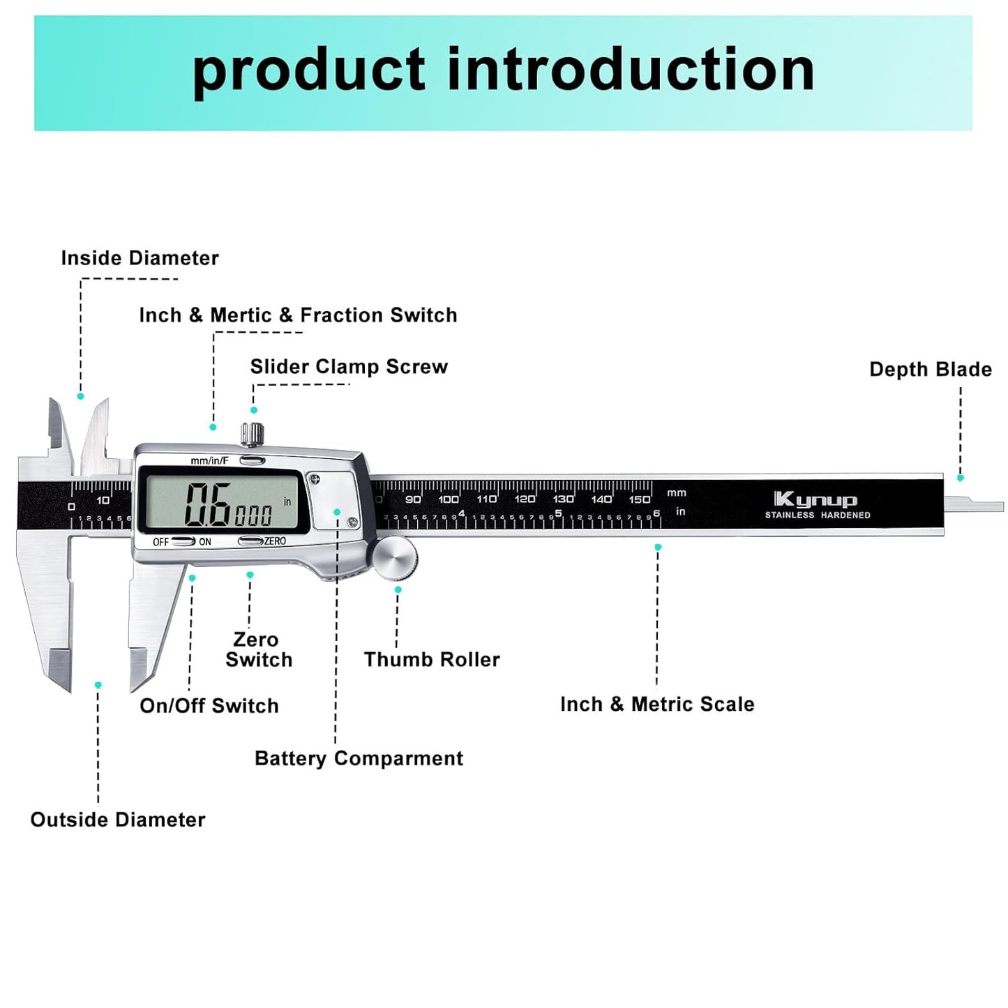 Kynup Digital Caliper, Caliper Measuring Tool, Micrometer Dial Vernier Caliper Digital, Full Turn Off, Stainless Steel, Switch from Inch Metric Fraction, Black(6Inch/150MM)