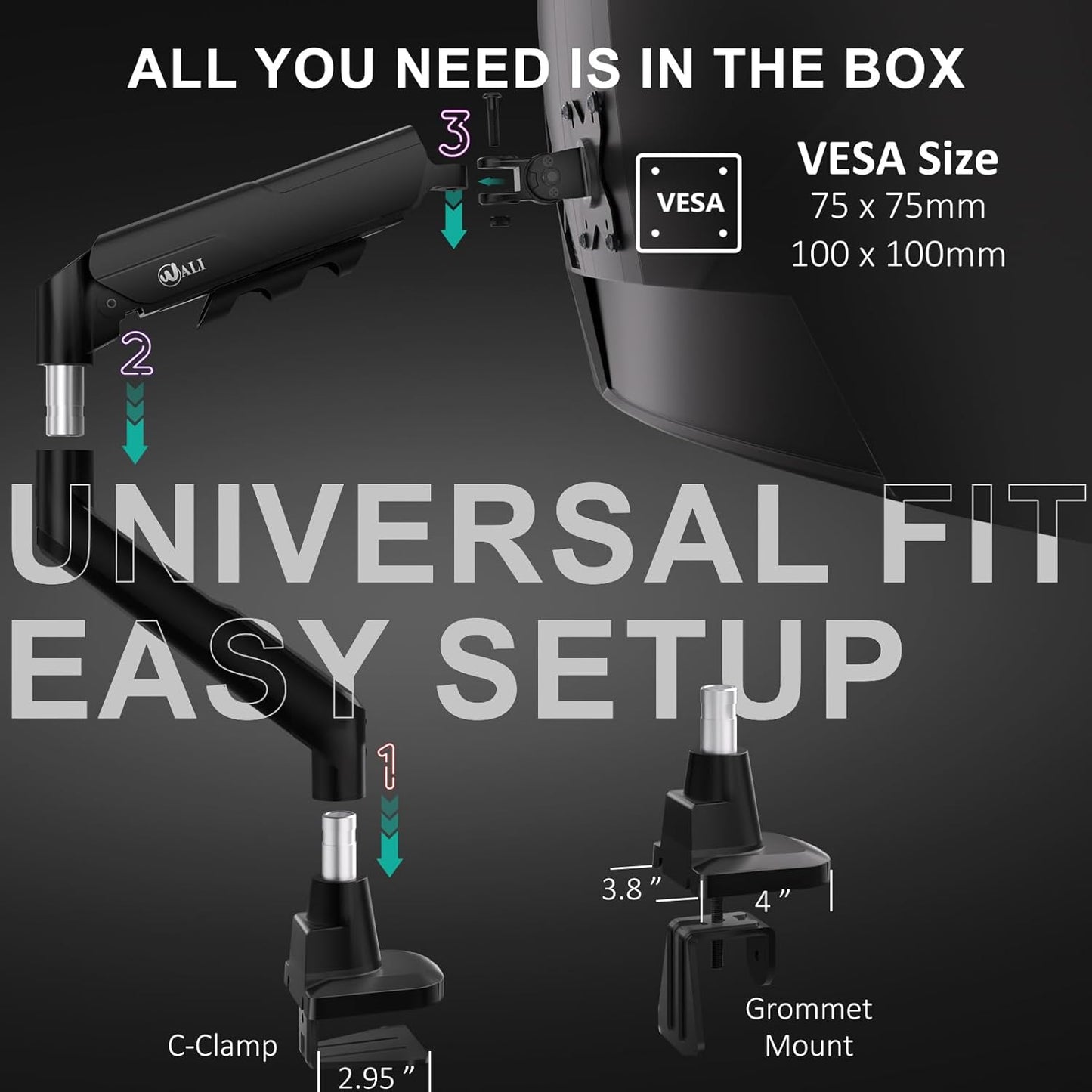 WALI Heavy Duty Single Monitor Arm for 17-49 Inch Flat Curved Ultrawide Screens, up to 33 Lbs, Adjustable Gas Spring Single Monitor Desk Mount for Home Office Gaming, VESA 75/100mm (GSM001XLN), Black