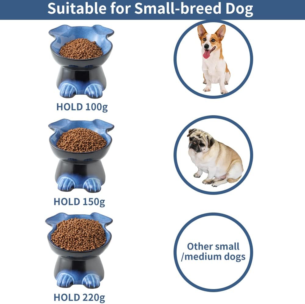 Nihow Elevated Ceramic Dog Bowls: 6.5 Inch Raised Small Dog Bowl for Food & Water - Food Safe Bowl for Medium/Small Size Dogs - Vivid Blue Puppy Bowls for Protecting Pet's Spine (1 PC)