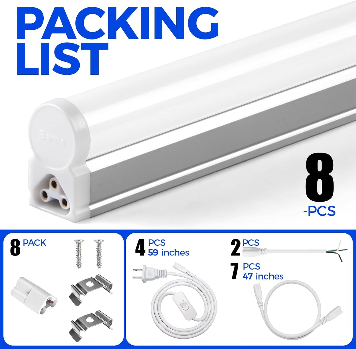 Barrina LED T5 Integrated Single Fixture, 4FT, 2200lm, 6500K (Super Bright White), 20W, Utility Shop Light, Ceiling and Under Cabinet Light, ETL Listed, Corded Electric with ON/Off Switch, 8 Pack
