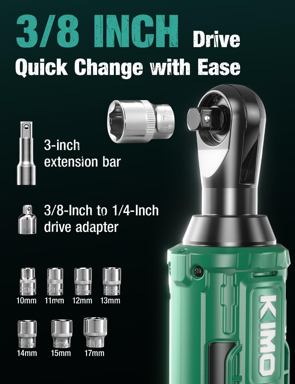 KIMO 20V Cordless Ratchet Wrench 3/8, 89Ft-lbs 400RPM Electric Ratchet Wrench Set w/Variable Speed, 2x2.0Ah Battery Power Ratchet Wrenches, 7Sockets, 3/8"to1/4" Adapter, 3"Extension Bar, Fast Charger