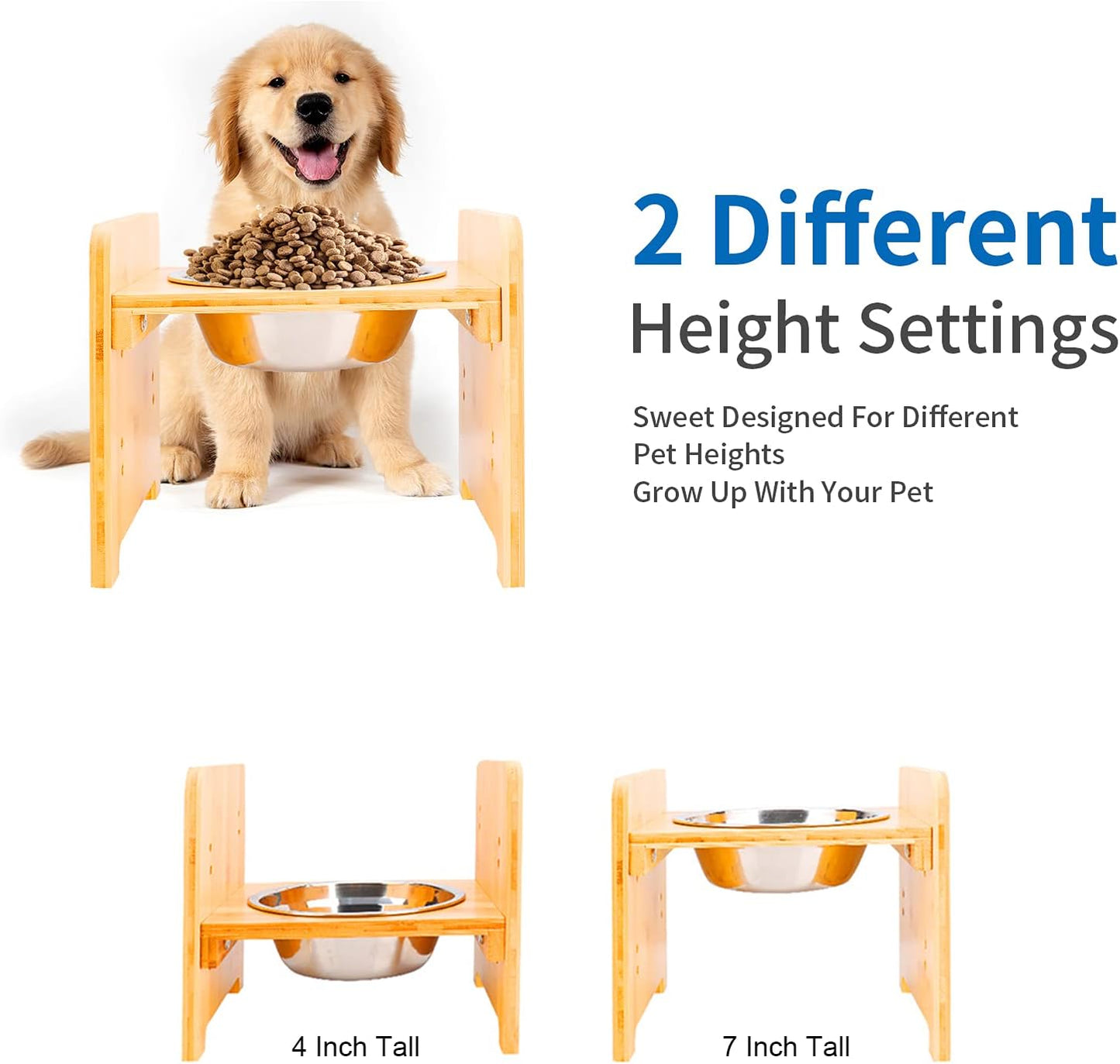 FOREYY Set of 2 Raised Pet Bowls for Cats and Small Dogs - Bamboo Tilted Single Elevated Dog Cat Food and Water Stand Feeder with 2 Stainless Steel Bowls and Anti Slip Feet for Comfort Feeding(Medium)