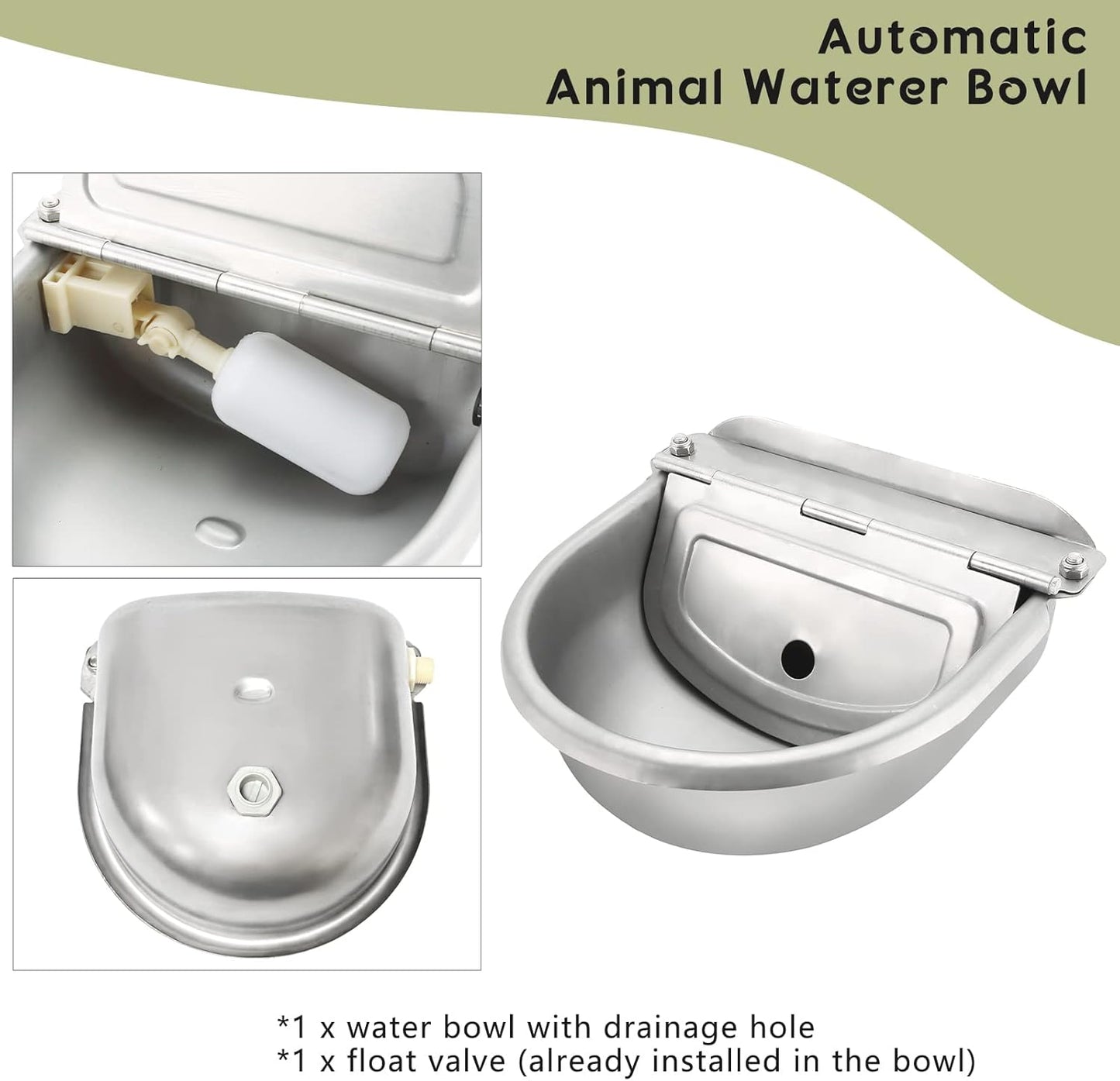 NATGAI Automatic 304 Stainless Steel Waterer Bowl, Automatic Cow Drinking Water Bowl with Float Valve Water Trough Farm Grade for Horse Cattle Goat Sheep Dog (with Drainage Hole)