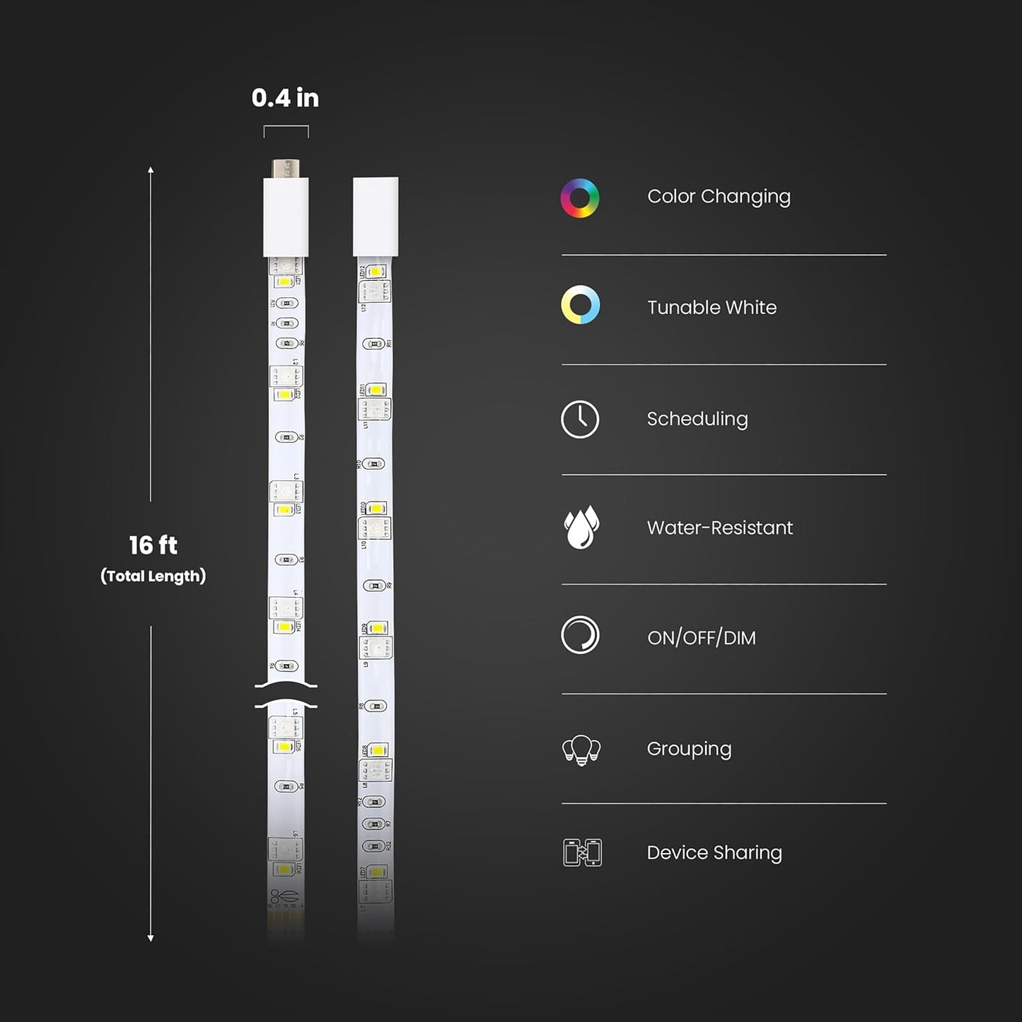Feit Electric Smart Light Strip 16FT, Ultrathin RGBW Color Chasing LED Light Strip, 2.4GHz Wi-Fi Enabled, Works with Alexa and Google Home Assistant, Remote Control, (0.4in x 192in) TAPE192/CHASE/AG