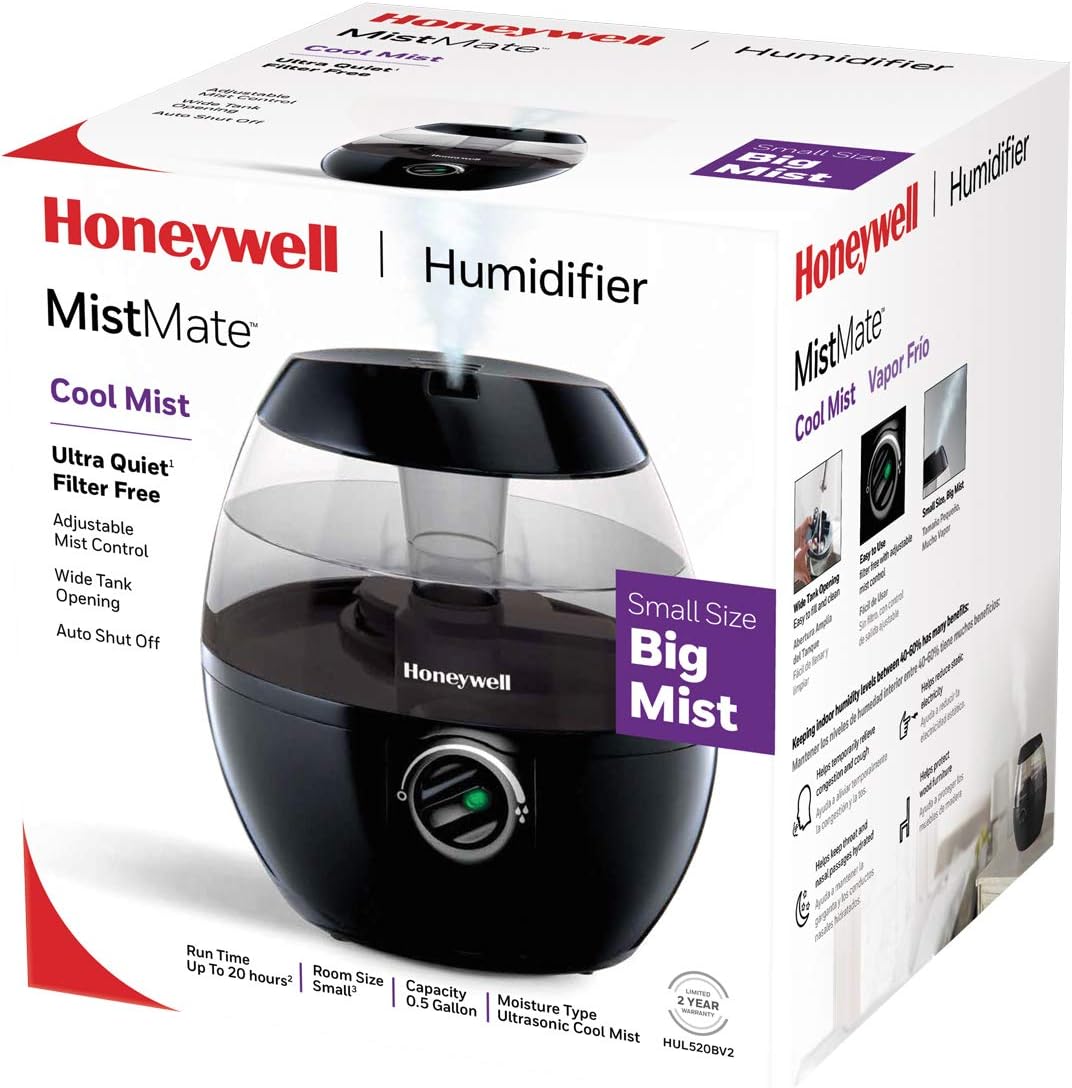 Honeywell HUL520B Mistmate Cool Mist Humidifier Black With Easy Fill Tank & Auto Shut-Off, For Small Room, Bedroom, Baby Room, Office