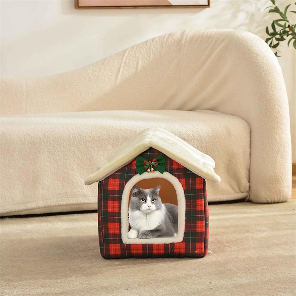 Christmas Cat Bed for Indoor Cats Plaid Xmas Cat Tent Cats Bed Cave for Pets Kittens and Dogs (Christmas Plaid, M(18.1 X 14.6 X 15.7 Inch))