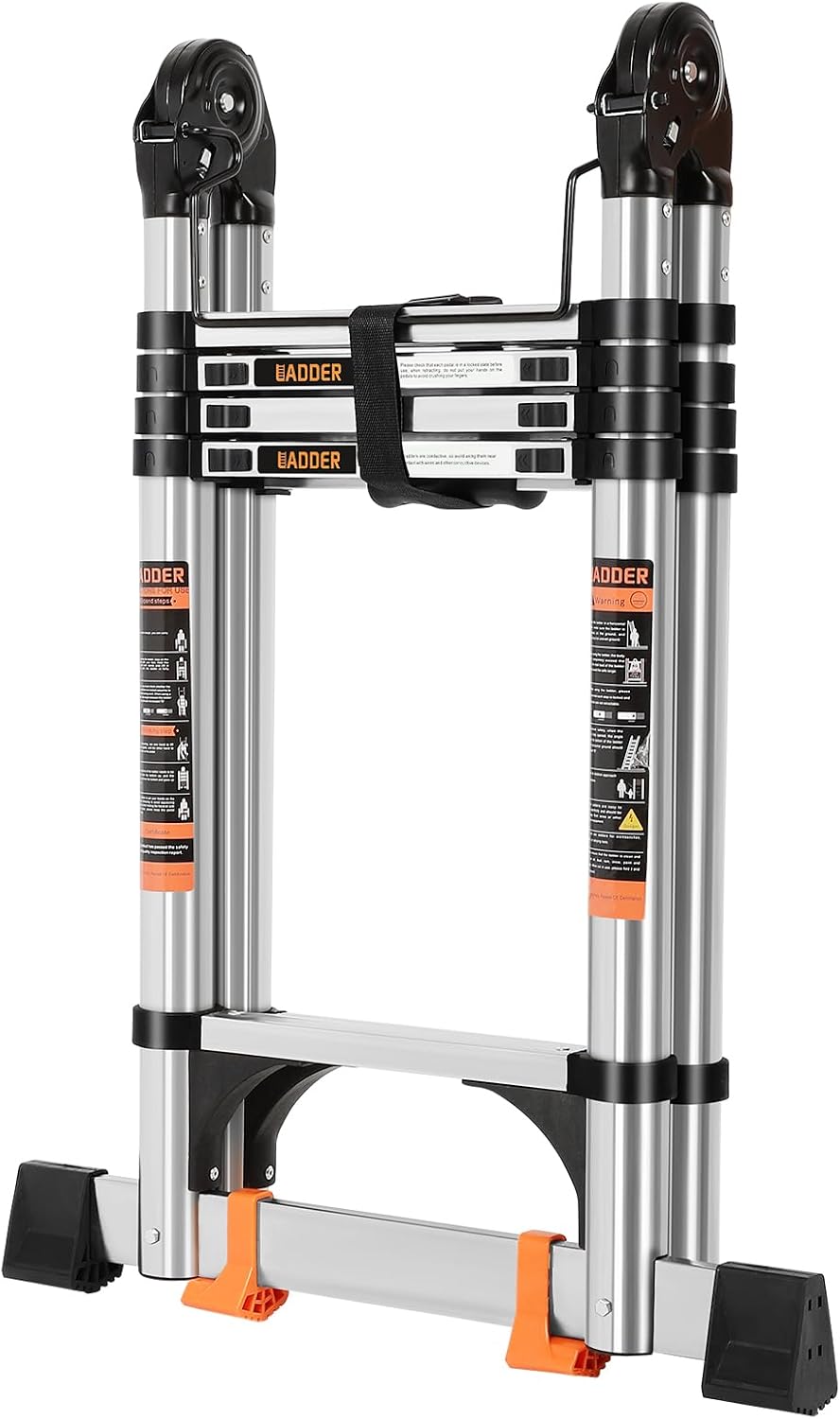 Telescoping Ladder 12.5 FT A Frame, Extension Multi-Purpose with Balance Bar Heavy Duty 330 lbs Max Capacity for Home and Outdoor Work, Silver