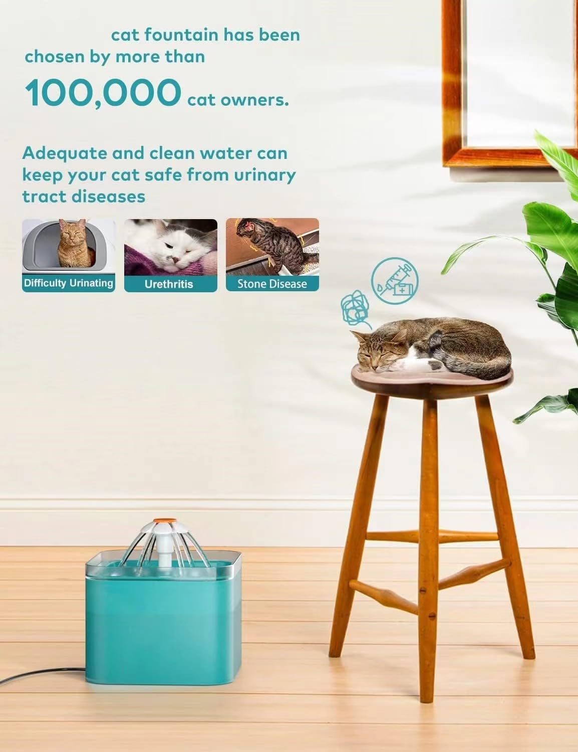 Cyan Cat Water Fountain with Plastic Food Grade Wired USB - 2L/67oz Pet Water Fountain,Cat Fountains for Cats Indoor, Ultra Silent,Dog Water Fountain with Led Light