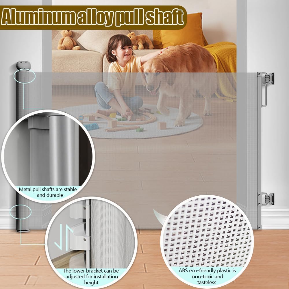 Retractable Baby Gates for Stairs Doorways Hallways, Soft Mesh Safety Retractable Dog Gate for Pet, Indoor Or Outdoor Use, Easy Installation,33.6" Tall,Expands to 55" Wide,Grey
