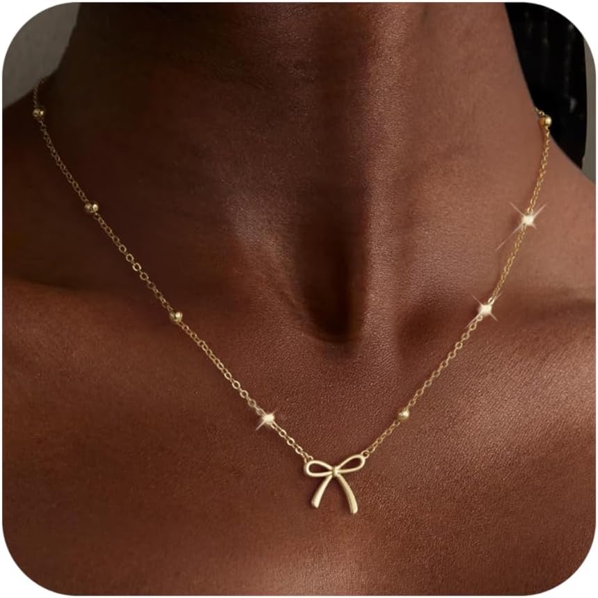 Easter Basket Stuffers - Dainty Bow Necklace for Women 14K Gold Plated Cute Choker Small Pendant Charm Necklaces Teen Gift Trendy Stuff Personalized Jewelry