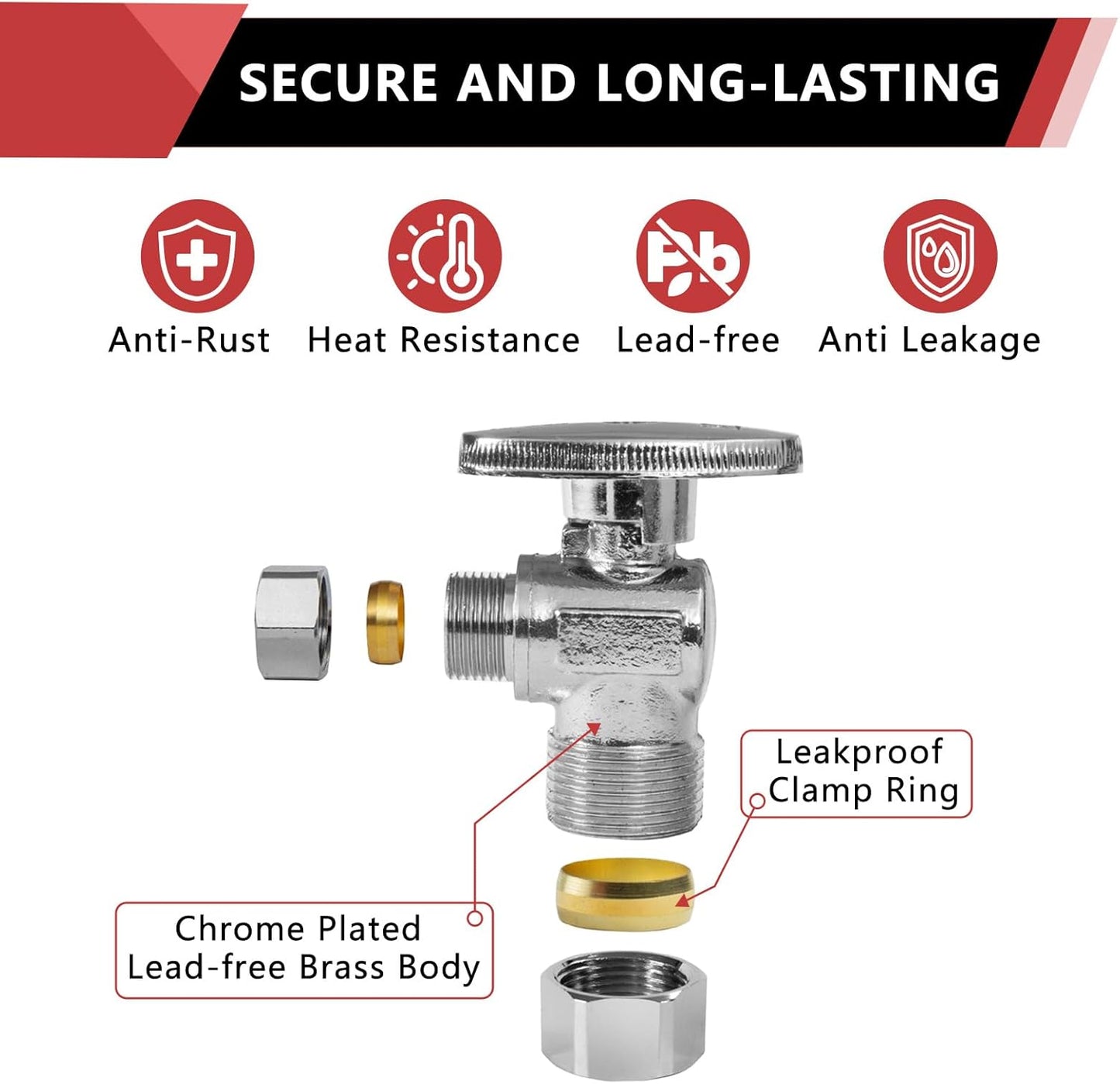 10-Pack EFIELD Angle Stop Valve 1/2" Nominal (5/8" OD) Compression x 3/8" OD, 1/4-Turn,(VALVE116-10PCS)