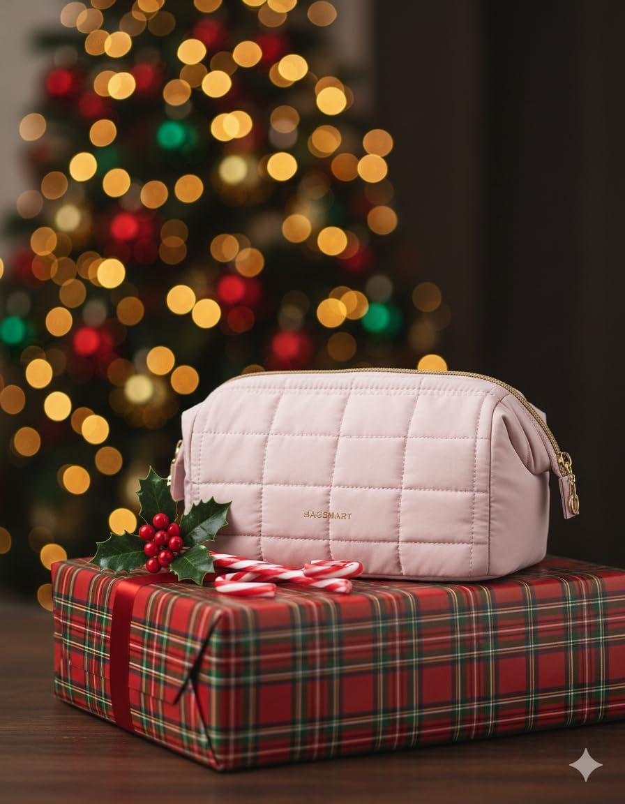 BAGSMART Makeup Bag Travel Toiletry Bag, Puffy Padded Make Up Bags for Women Makeup Organizer Case, Wide-open Pouch Purse Travel Essentials Toiletries Accessories Brushes, Pink