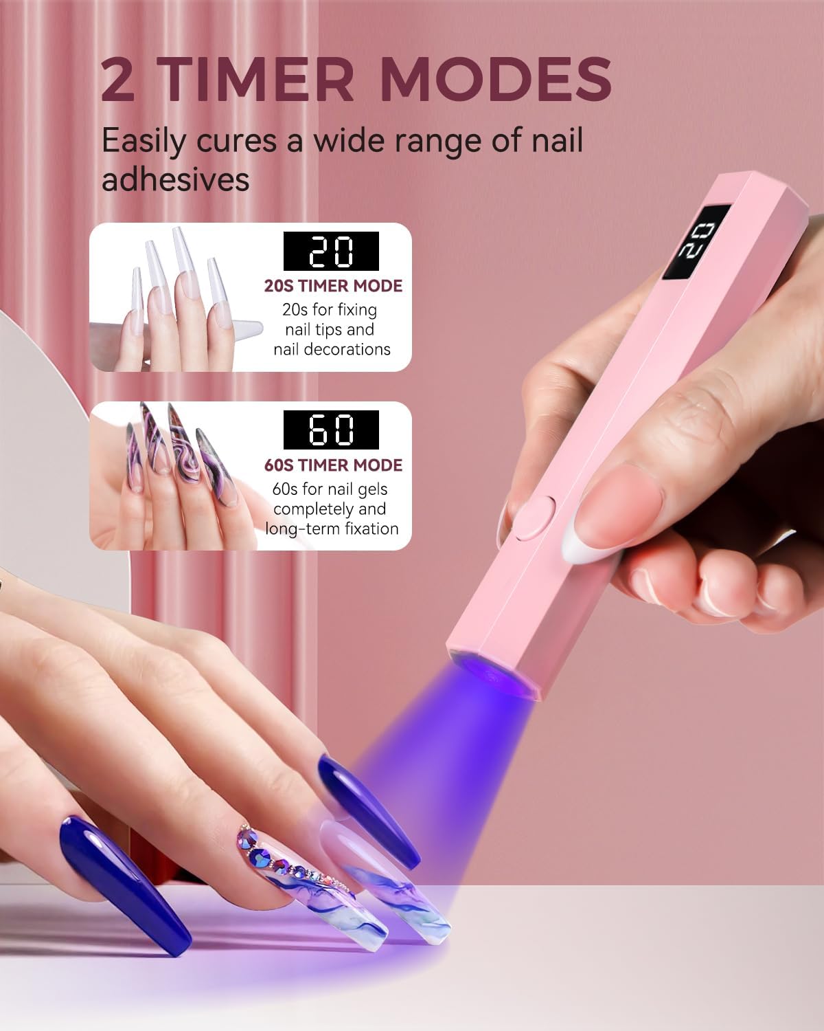 UV Nail Light Handheld UV Light for Nails 3W Portable Led Lamp with 2 Timer Settings 20/60s for Gel Polish Home DIY Salon Women(Pink)