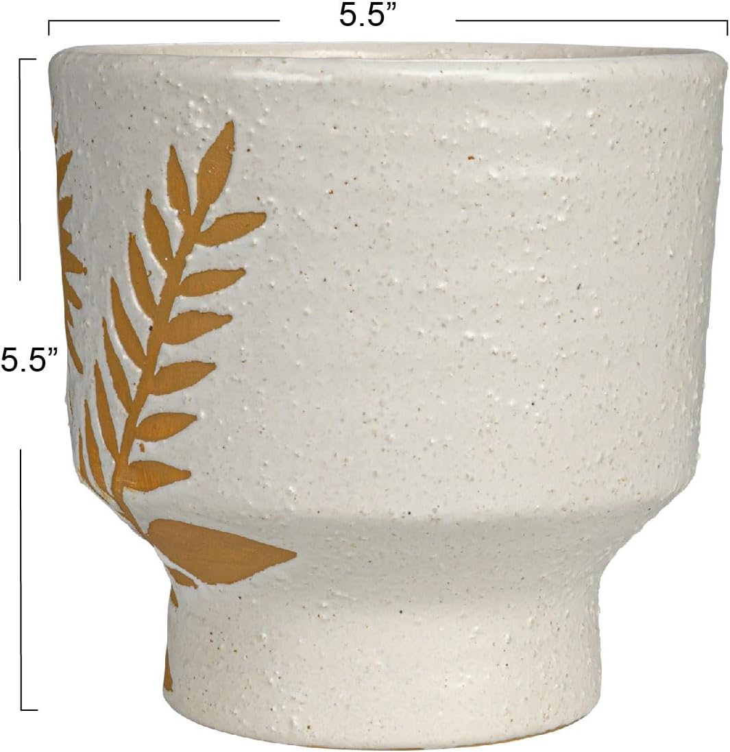 Creative Co-Op Stoneware Footed Planter with Flower, Reactive Glaze, White and Mustard