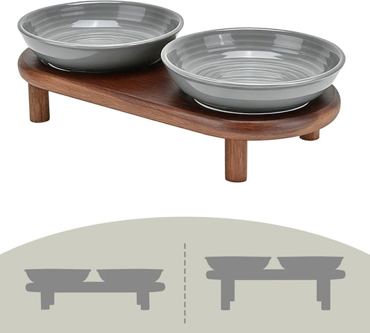 SPUNKYJUNKY Shallow Elevated Cat Bowl with Acacia Wood Stand Wide Raised Ceramic Cat Dishes Whisker Friendly Pet Food and Water Plates (Striped Pattern, Gray)