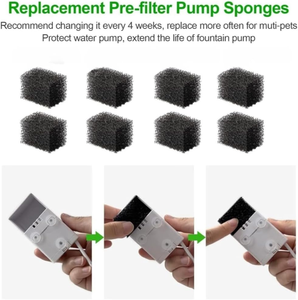 4inch Cats Fountain Replacement Filters with Pre-Filter Sponges for 67oz, 95oz and 135oz Pet/Cat Automatic Water Fountain Dog Water Dispenser (8 Pack)