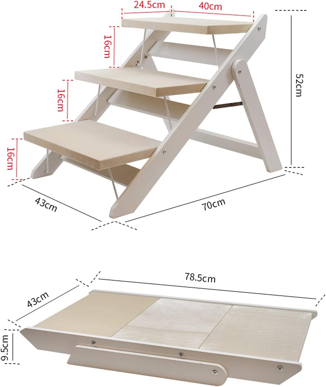 Portable Folding Pet Stairs Portable Pet Ramp Non-Slip Soft Surface Supports Up to 40kg Pet Stairs for Dogs Cats High Beds Sofa Wood Pet Safety Dog Ramp (White)