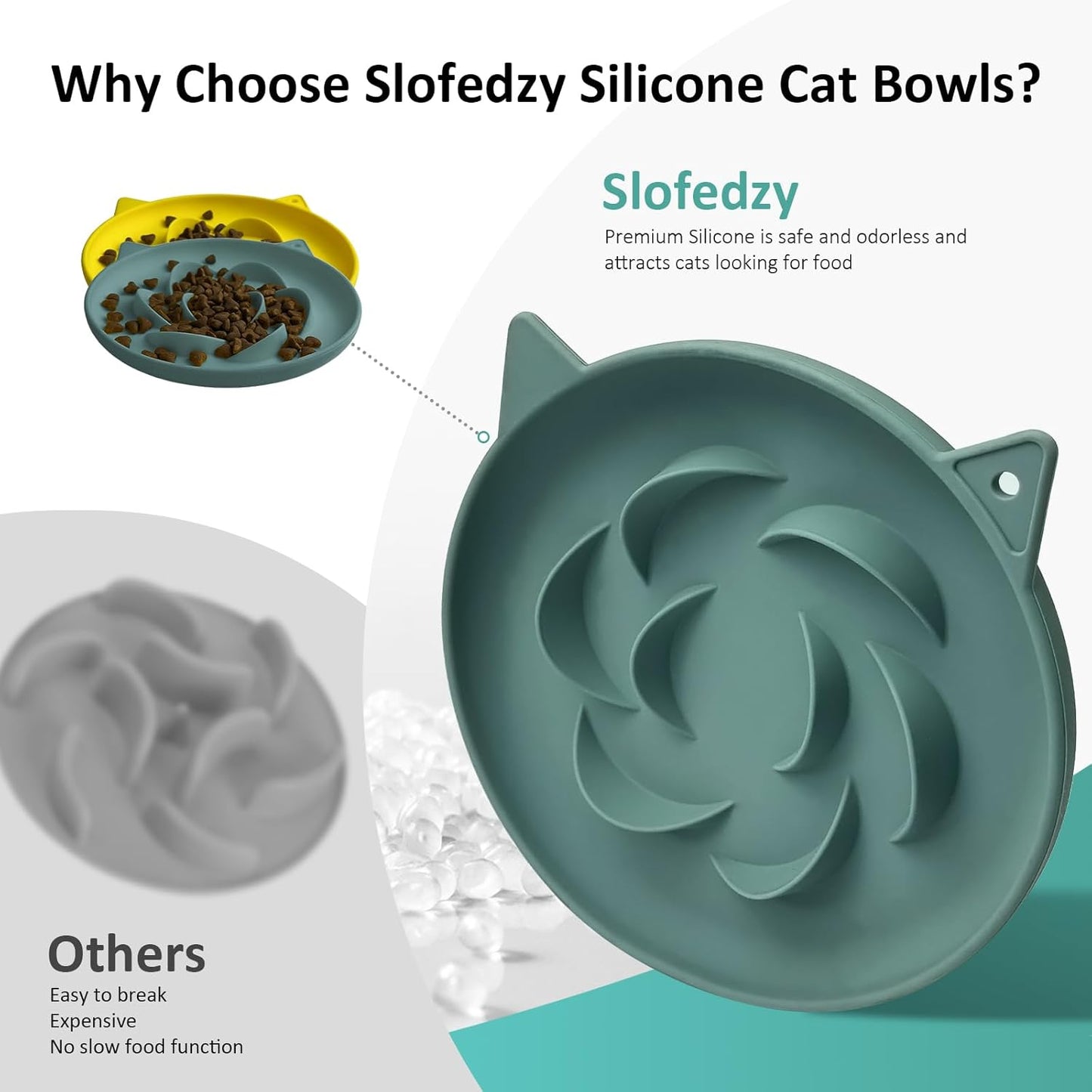 Slow Feeder Cat Bowl 2 Packs, Durable Anti-Gulping Cat Food Bowl for Healthy Digestion, Easy to Clean for Wet/Dry Food (Cyan+Yellow)