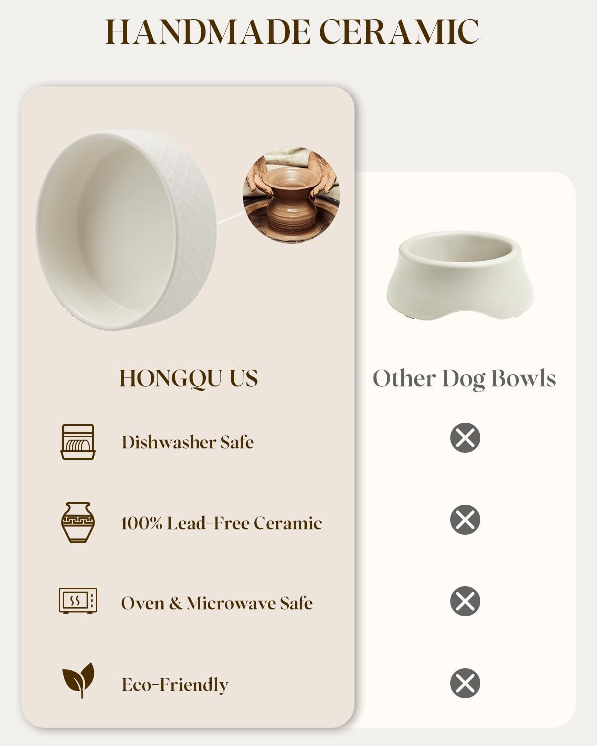 Dog Bowl Set with Acacia Wood Stand & Silicone Mat, 2.0-Cup Ceramic Puppy Bowls for Small Dogs, Dual Food and Water Bowls with Weighted Non-Slip Base & Dog Food Mat